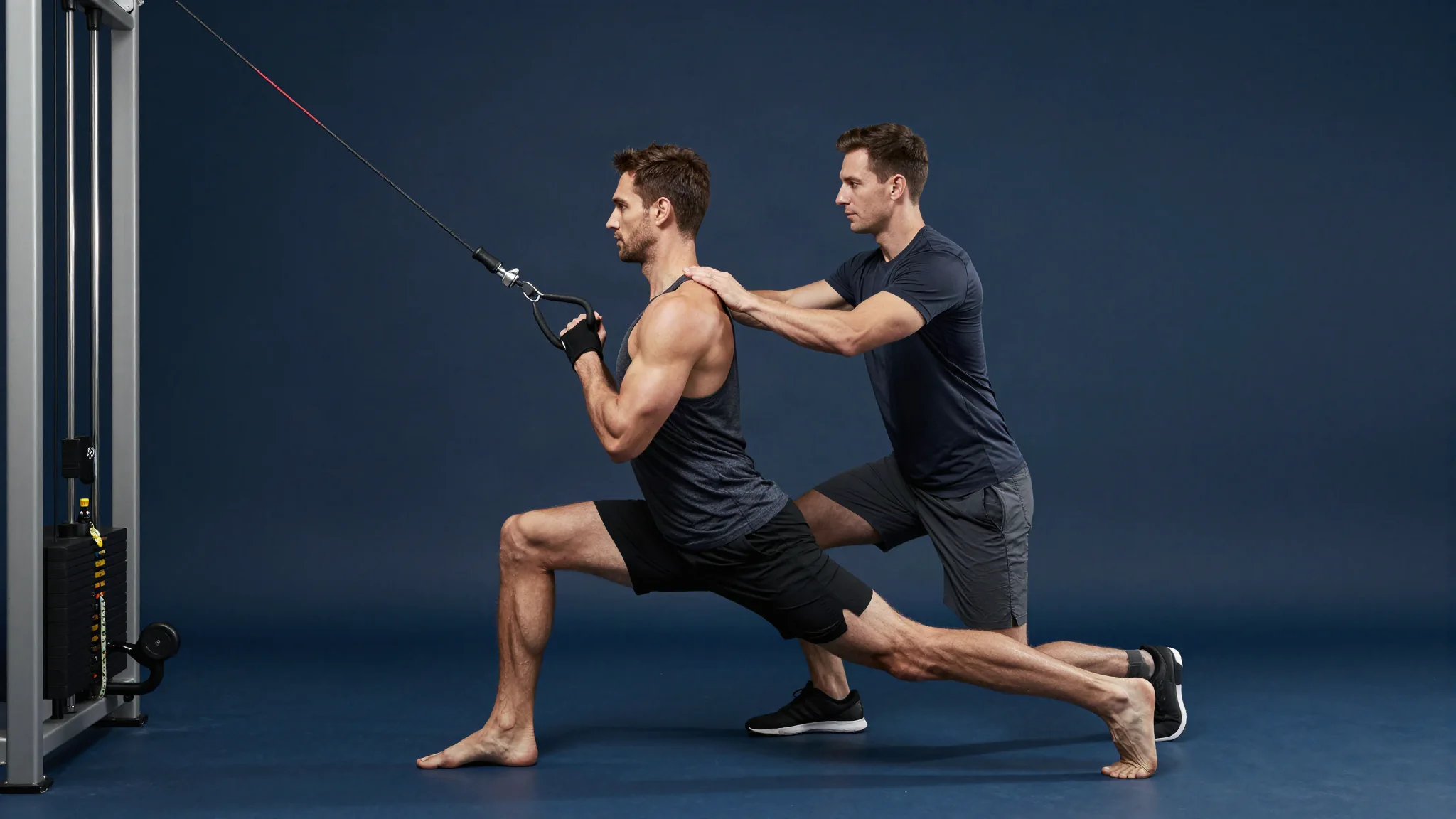 A trainer cues an athlete's shoulder alignment during a controlled cable exercise.